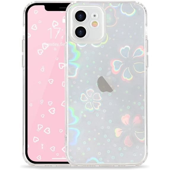 Compatible with iPhone 12 Case Cute Crystal Clear with Laser Bling Glitter Flower Pattern Design for Women Girls Soft TPU Phone Case Shockproof Protective Cover for iPhone 12, Flower