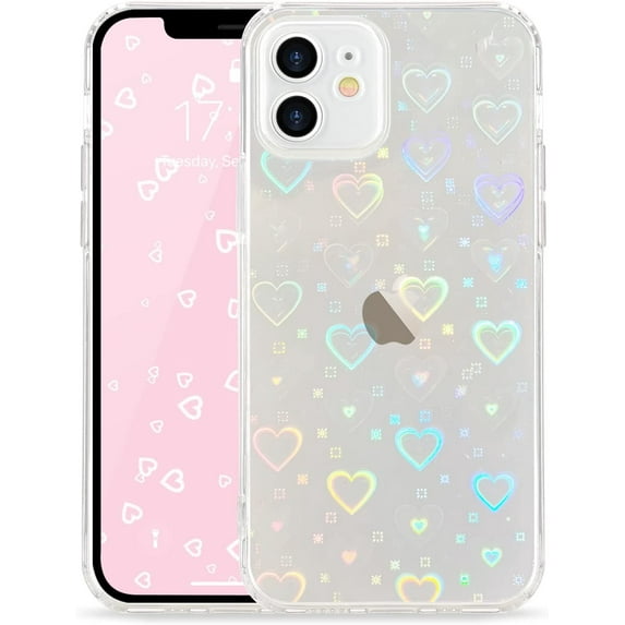 Compatible with iPhone 12 Case Cute Crystal Clear with Laser Bling Glitter Love Heart Pattern Design for Women Girls Soft TPU Phone Case Shockproof Protective Cover for iPhone 12, Love