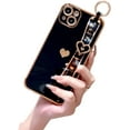 thumbnail image 1 of Compatible with iPhone 12 Case, Cute Love-Heart for Girl Women Luxury Plating Edge Bumper Soft TPU Shockproof Case with Wristband Stand for iPhone 12, Black, 1 of 9