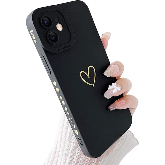 Compatible with iPhone 12 Case Cute, Luxury Heart Phone Case Side Pattern Soft TPU Shockproof Full Camera Lens Protective Case for iPhone 12 6.1" for Women Girl - Black
