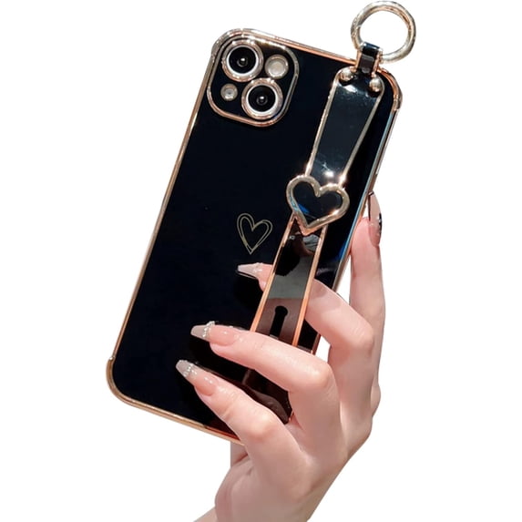 Compatible with iPhone 12 Case, Cute Luxury Plating Edge Bumper with Love-Heart Wristband Stand Soft TPU Shockproof Case for iPhone 12 for Girl Women, Black