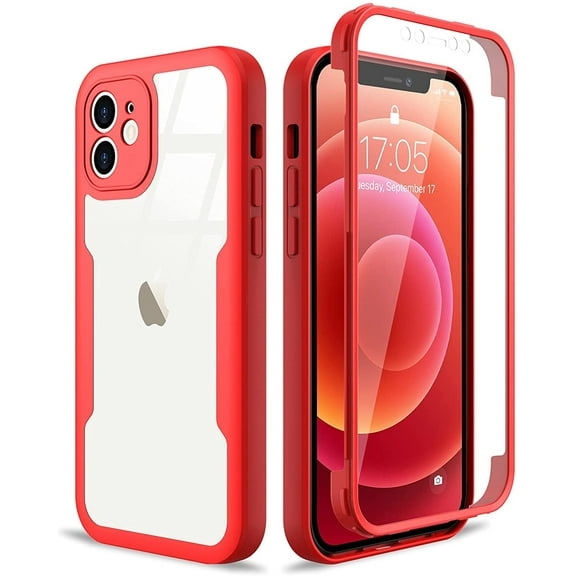 Compatible with iPhone 12 Case Full Body Clear Design with Built-in Screen Protector Shockproof Anti-Scratch Rugged Case 360 Protective Bumper Cover for iPhone 12 6.1 inch, Red