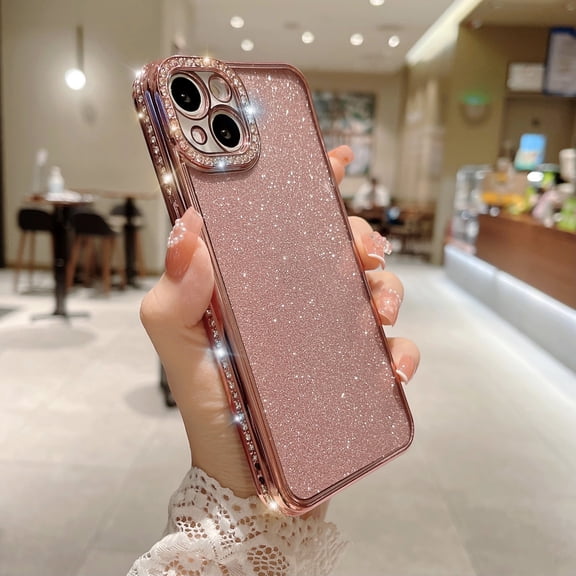 Compatible With iPhone 12 Case Glitter Powder Bling Rhinestone Sparkle Shiny Bumper Design Soft Silicone Luxury Fashion Protective Shockproof Phone Case for Women or Girls,Rosegold