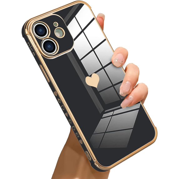 Compatible with iPhone 12 Case Love Heart Plating Four Corner Luxury Elegant Case Camera Protector Soft TPU Shockproof Protective Corner Back Cover iPhone 12 Case -Black