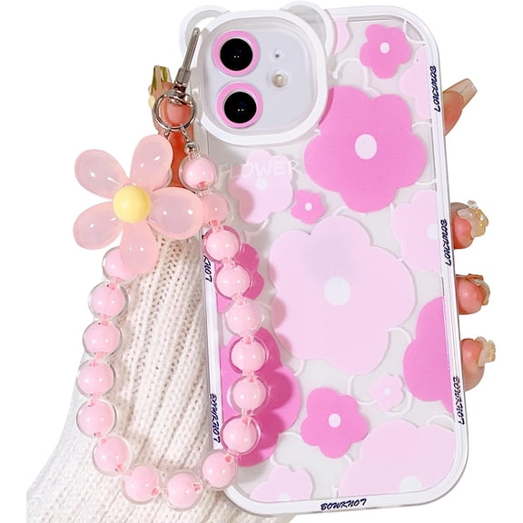 Compatible for iPhone 12 Case with Lovely Flower Bracelet Chain Clear Floral Bear Camera Lens for Women Girls, Soft TPU Shockproof Protective-Bear Pink