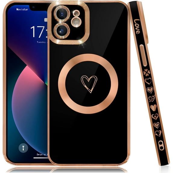 Compatible with iPhone 12 Case Magsafe, Cute Heart Pattern Luxury Plating Full Camera Lens Protection Magnetic Case for iPhone 12 for Women Girl-Black