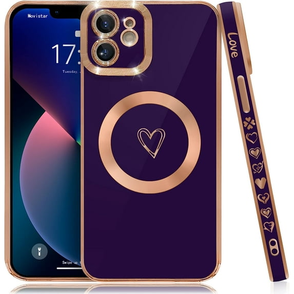 Compatible with iPhone 12 Case Magsafe, Cute Heart Pattern Luxury Plating Full Camera Lens Protection Magnetic Case for iPhone 12 for Women Girl-Deep Purple
