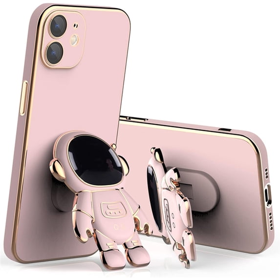 Compatible with iPhone 12 Case with Plating Cute Creative Astronaut Cartoon Pattern Holder Soft TPU Protective Slim Shockproof Case for iPhone 12-Pink