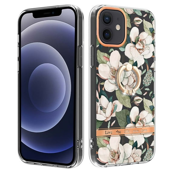Compatible for iPhone 12 Case with Ring Kickstand Holder Clear Floral Pattern Hybrid PC TPU Shockproof Protective Phone Case Cover for iPhone 12 Women Girls, White Flower
