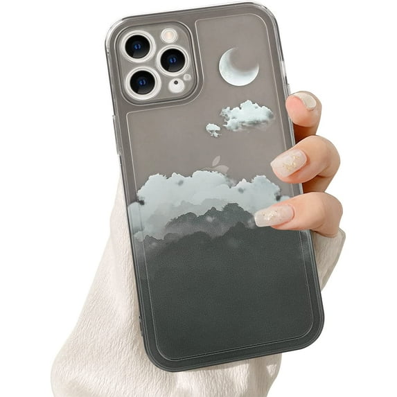Compatible with iPhone 12 Case Thin for Women Girls,Crescent Moon with Clouds Pattern Soft Flexible TPU Clear Case Slim Anti-Scratch Shockproof Cute Case for iPhone 12