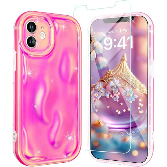 Compatible with iPhone 12 Case[Wave][with 1*Screen Protector][Sparkly Water Ripple]Aesthetic Slim Flexible TPU Rugged Bumper Antiscratch Fullbody Protective Case for iPhone 12,6.1inch(Hot Pink)