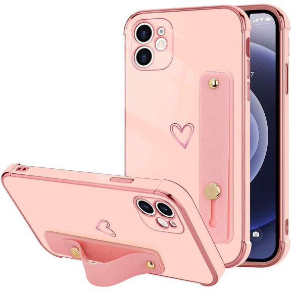 Compatible with iPhone 12 Case for Women Girls, Bling Luxury Plated Bumper with Cute Love-Heart Design, Adjustable Hand Strap Stand, Raised Edges Shockproof Protection for iPhone 12 - Pink