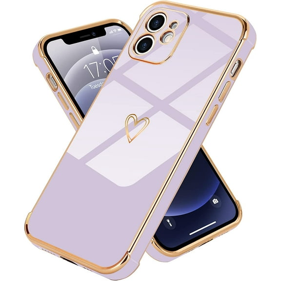 Compatible with iPhone 12 Case for Women Girls Cute Gold Heart Pattern Luxury Plating Soft TPU Silicone Shockproof Phone Case Protective Bumper Cover for iPhone 12(6.1 inch),White