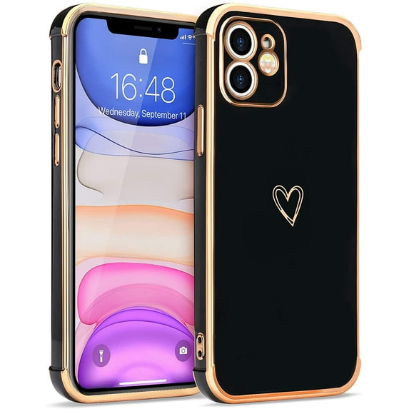 Compatible with iPhone 12 Case for Women Girls, Cute Heart Design with Luxury Plating Bumper, Soft TPU Shockproof Back Cover with Full Camera Protection for iPhone 12 Phone Case, Black