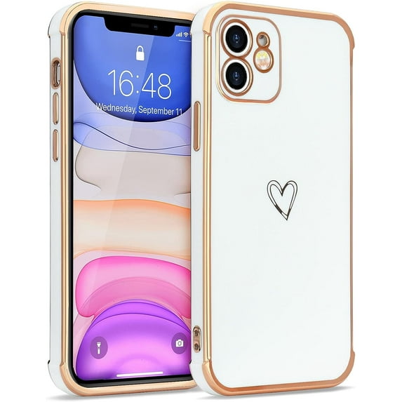 Compatible with iPhone 12 Case for Women Girls, Cute Heart Design with Luxury Plating Bumper, Soft TPU Shockproof Back Cover with Full Camera Protection for iPhone 12 Phone Case, White