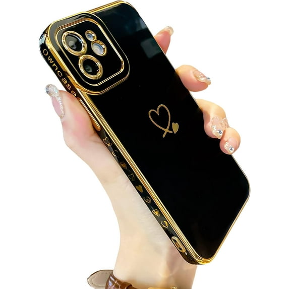 Compatible with iPhone 12 Case for Women, Luxury Plating Edge Bumper with Full Camera Lens Protection Soft TPU Shockproof Case Cover for iPhone 12 6.1 inch, Black