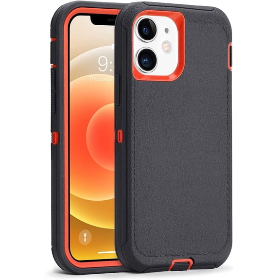 Compatible with iPhone 12 Case/iPhone 12 Pro Case 6.1-Inch (2020), Heavy Duty Defender 3-Layer Rugged Shockproof Drop Protective Cover Phone Cases for iPhone 12/12Pro, Dark Grey/Orange