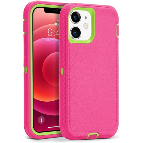 Compatible with iPhone 12 Case/iPhone 12 Pro Case 6.1-Inch (2020), Heavy Duty Defender 3-Layer Rugged Shockproof Drop Protective Cover Phone Cases for iPhone 12/12Pro, Hot Pink Green