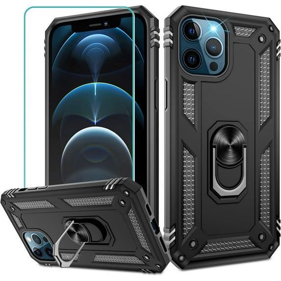 Compatible for iPhone 12 Case, iPhone 12 Pro Case with HD Screen Protector, Military-Grade Shockproof Protective Phone Case with Magnetic Kickstand Ring for iPhone 12/12 Pro, Black