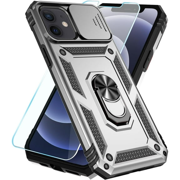 Compatible with iPhone 12 Case/iPhone 12 Pro Case with HD Screen Protector & Slide Camera Cover & Rotated Ring Kickstand,[Military-Grade] Phone Case for iPhone 12/12 Pro (SilverBlack)