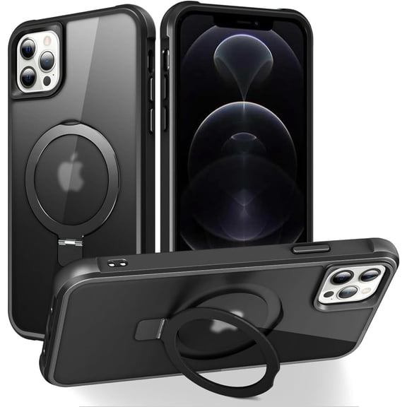 Compatible with iPhone 12 Case & iPhone 12 Pro Case with Invisible  O-Ring Stand Translucent Case for iPhone 12 & 12 Pro 6.1" [Compatible with MagSafe][Great Grip Feeling], Black