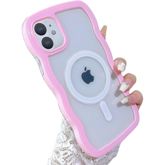 Compatible for iPhone 12 Case and iPhone 12 Pro Case with Magsafe, Wave Magnetic Phone Case Cute Water Ripple Candy Colors Frame Shockproof for Women Girls 6.1 Inch - Pink