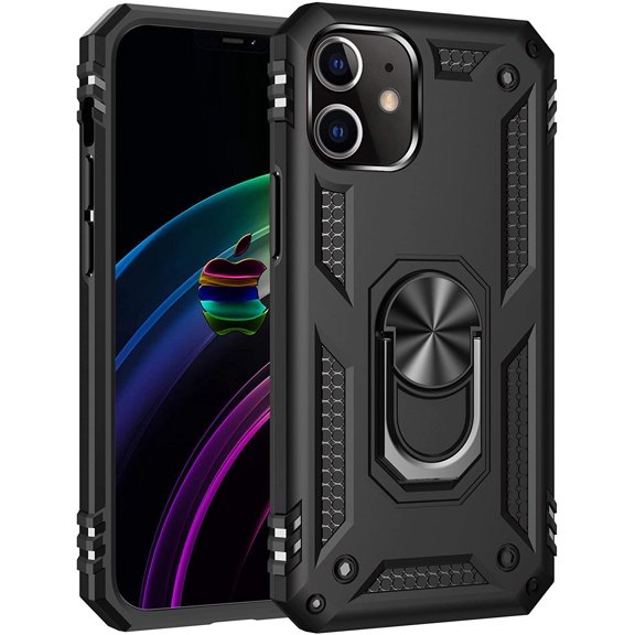 Compatible with iPhone 12 Case & iPhone 12 Pro Case Screen Protection Extreme Military Dual Layer Protective Cover with 360 Degree Swivel Ring Kickstand Black