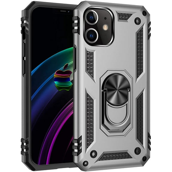 Compatible with iPhone 12 Case & iPhone 12 Pro Heavy Duty Rugged Full Body Shockproof Screen Camera Protection Dual Layer Military Cell Phone Hard Back Cover Built-in Ring Kickstand Silver