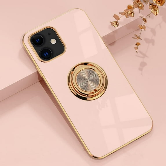 Compatible with iPhone 12 Case & iPhone 12 Pro Ring Holder Case Shiny Plating Rose Gold Edge 360 Degree Rotation Kickstand for Women Girls Slim Soft Flexible TPU Protective Cover Case, 6.1 Inch