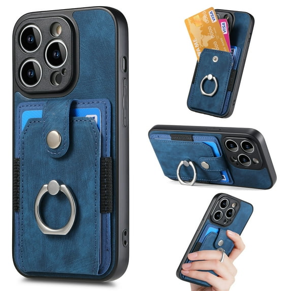 Compatible with iPhone 12, Classic Card Slots 360 Rotating Finger Ring Kickstand PU Leather + TPU Frame Magnetic Closure Back Case Cover for iPhone 12, Blue
