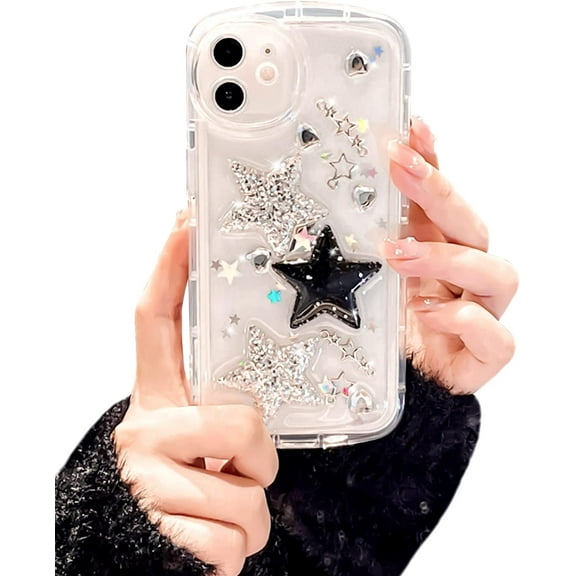 Compatible for iPhone 12 Cute Glitter 3D Stars Crystal Heart Clear with Design Aesthetic Women Teen Girls Pretty Crystal Sparkle Sparkly Cute Cases Protective Cover-Clear