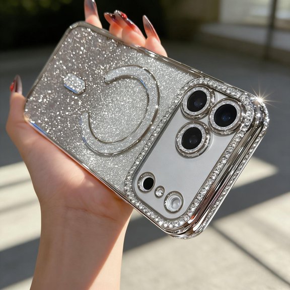 Compatible for iPhone 12 Magnetic Case Compatible with Mag-Safe, Clear Back + Glitter Bling Paper Plating Edge Phone Case Camera Lens Protector Back Cover for iPhone 12, Silver