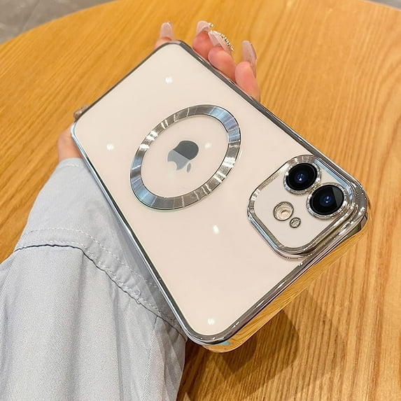 Compatible with iPhone 12 Magnetic Clear Case,Luxury Plating Bling Transparent Shockproof MagSafe Case with Full Camera Lens Protector for iPhone 12 Women Girl Men-Elegant Silver