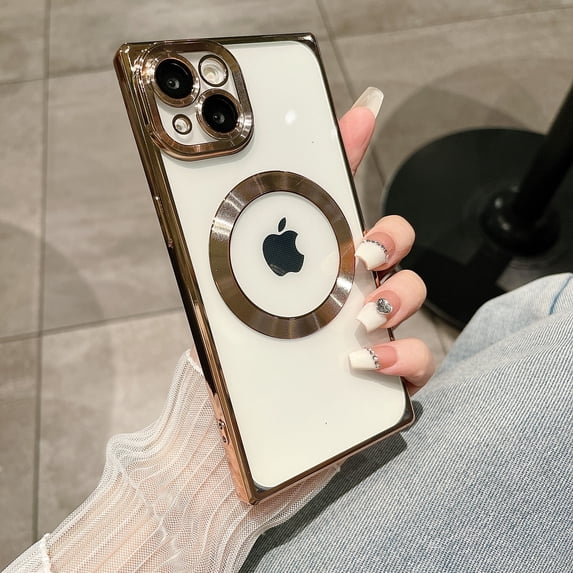 Compatible with iPhone 12 Magnetic Clear Case, Luxury Plating Bling Transplant Shockproof MagSafe Case with Full Camera Lens Protector for iPhone 12 Women Girl Men Elegant - Gold