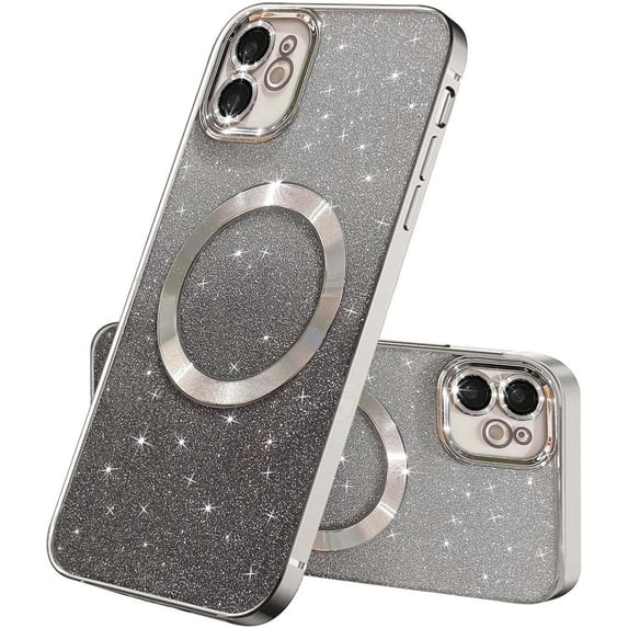 Compatible with iPhone 12 Magnetic Gardient Glitter Case, Plating Bling Cute Case with MagSafe for Women Girls Full Camera Protector Back Cover for iPhone 12 6.1'' Silver