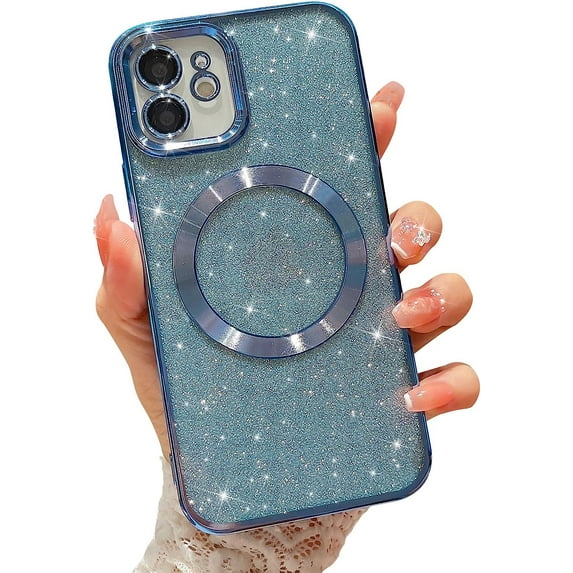 Compatible with iPhone 12 Magnetic Glitter Case, Luxury Plating Cute Bling Clear Phone Case, Compatible with MagSafe for Women Girls with Camera Protector Back Cover - Light Blue