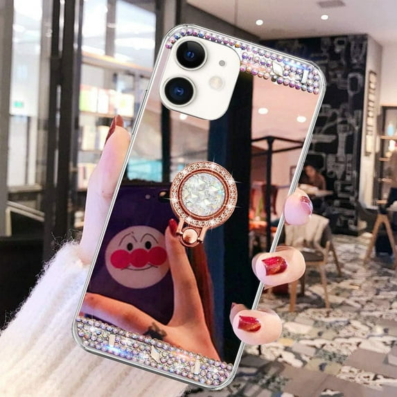Compatible with iPhone 12 Makeup Mirror Case Diamond Glitter Rhinestone with Ring Stand Kickstand Cute for Girls Women Protector Cover Bling Crystal Ring Holder Finger Grip Case 6.1" Rose Gold