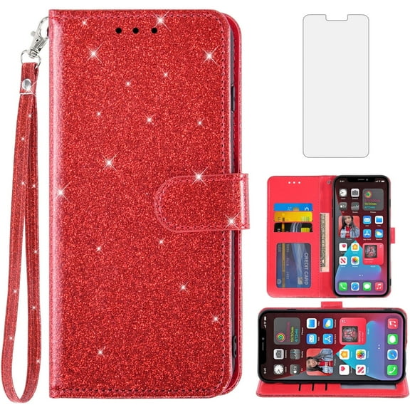 Compatible with iPhone 12 Mini 5.4 Wallet Phone Case and Tempered Glass Screen Protector Flip Credit Card Holder Stand Bling Glitter Cell Cover for iPhone12mini 5G i 12s iPhone12 12mini Women Red