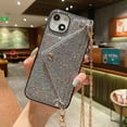 thumbnail image 1 of Compatible with iPhone 12 Mini Bling Case, Glitter Diamond Sequins Case Small Credit Card Cash Holder Wallet Case with Shiny Crossbody Chain Hard PC Back Protective Girly Stand Case, Black, 1 of 8
