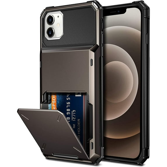 Compatible with iPhone 12 Mini Case 5G Wallet 4-Card Slot Credit Card Holder Flip Door Hidden Pocket Anti-Scratch Dual Layer Hybrid TPU Bumper Armor Protective Hard Shell Cover Gun