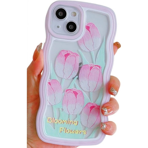 Compatible with iPhone 12 Mini Case Clear with Floral Design for Women Girls,Aesthetic Cute Wavy Flowers Soft Shockproof Cell Phone Cover for iPhone 12 Mini 5.4 Inch (Tulip/Pink)
