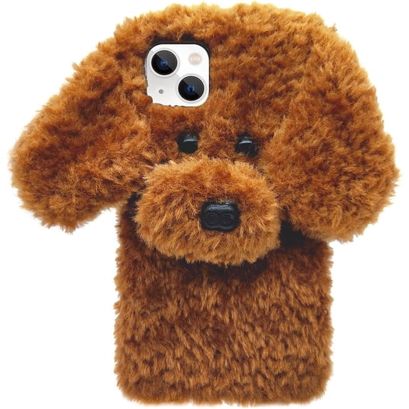 Compatible with iPhone 12 Mini Case Cute Plush Furry Dog Phone Case for Women Girls Girly 3D Cartoon Kawaii Case Soft TPU Shockproof Protective Cover Brown