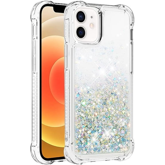 Compatible with iPhone 12 Mini Case Glitter Liquid Cute Clear Phone Case Floating Quicksand Shockproof Protective Bumper Silicone Soft TPU Case for iPhone 12 Mini 5.4 Inch Love Sliver YB