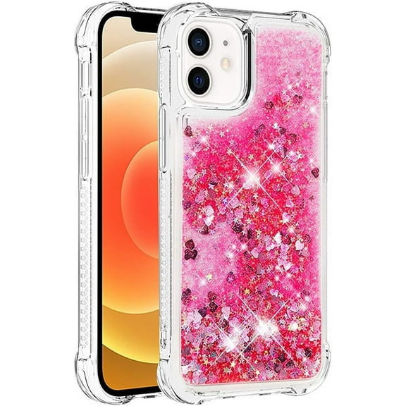 Compatible with iPhone 12 Mini Case Glitter Liquid Cute Clear Phone Case Floating Quicksand Shockproof Protective Bumper Silicone Soft TPU Case for iPhone 12 Mini 5.4 Inch Love Pink YB