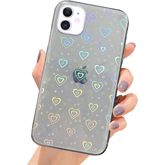 Compatible with iPhone 12 Mini Case, for Laser Glitter Bling Heart Soft & Flexible TPU and Hard PC Back Shockproof Cover Women Girls Heart Pattern Phone Case (Rainbow Heart/Clear)
