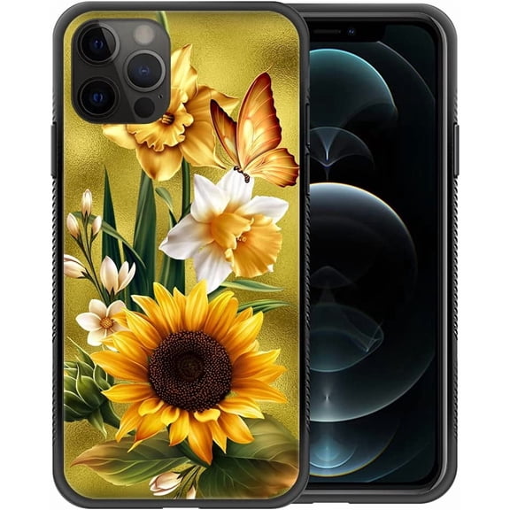 Compatible with iPhone 12 Mini Case,Pattern Design Hard PC Back Cover Non-Slip Soft TPU Protective Case for iPhone 12 Mini for Women 5.4inch-Butterfly Golden Sunflower