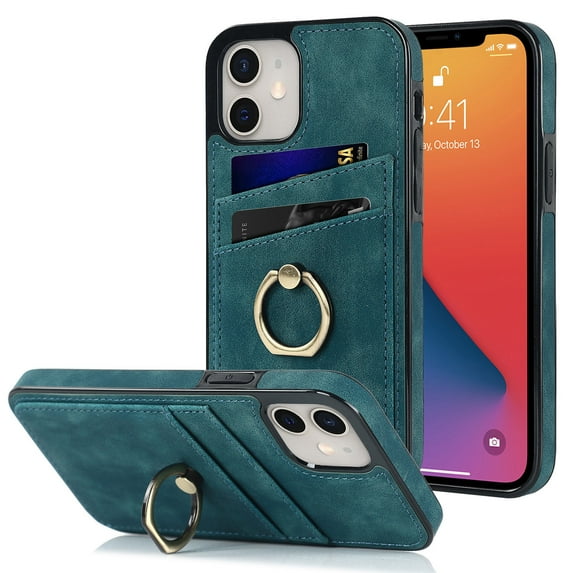 Compatible with iPhone 12 Mini Case Wallet with Card Holder, 360°Rotation Finger Ring Holder Kickstand Premium PU Leather Soft TPU Anti-Drop Back Phone Cover For iPhone 12 Mini, Blue