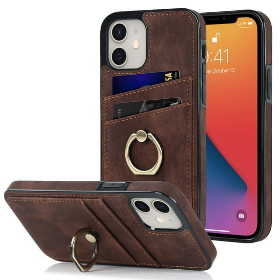 Compatible with iPhone 12 Mini Case Wallet with Card Holder, 360°Rotation Finger Ring Holder Kickstand Premium PU Leather Soft TPU Anti-Drop Back Phone Cover For iPhone 12 Mini, Coffee