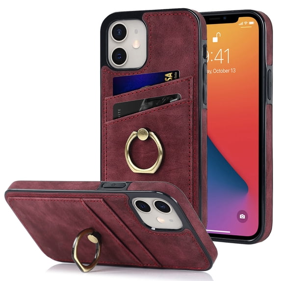 Compatible with iPhone 12 Mini Case Wallet with Card Holder, 360°Rotation Finger Ring Holder Kickstand Premium PU Leather Soft TPU Anti-Drop Back Phone Cover For iPhone 12 Mini, Winered