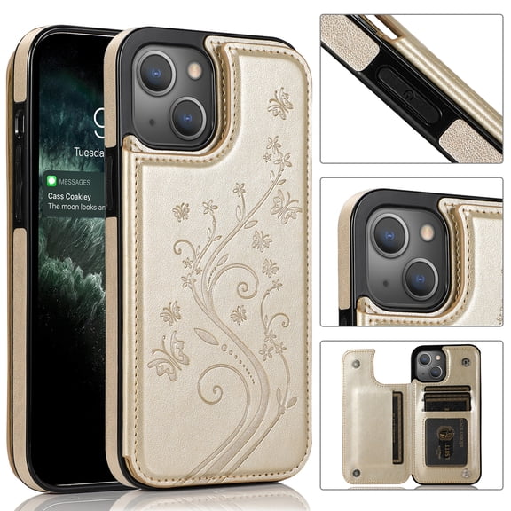 Compatible with iPhone 12 Mini Case Wallet with Card Holder,Embossed Butterfly Pattern PU Leather Double Magnetic Buttons Flip Shockproof Protective Cover for iPhone 12 Mini 5.4 Inch, Gold